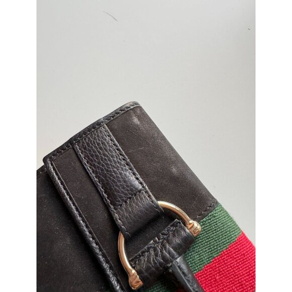 GUCCI 1953 Black Sueded Leather Striped Web Horsebit Continental Flap Wallet - Picture 3 of 16